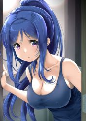 Rule 34 | 10s, 1girl, bare shoulders, blue hair, blue shirt, breasts, cleavage, collarbone, commentary request, covered erect nipples, doorway, frapowa, high ponytail, indoors, large breasts, leaning forward, long hair, love live!, love live! sunshine!!, matsuura kanan, open mouth, ponytail, purple eyes, shirt, sidelocks, tank top