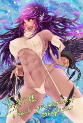 Rule 34 | 1girl, absurdres, animal ears, bare shoulders, bird ears, black feathers, black sclera, black wings, breasts, colored sclera, commentary, commission, dark-skinned female, dark skin, english commentary, feathers, fingernails, harpy, highres, large breasts, long fingernails, long hair, looking at viewer, meme attire, monster girl, open mouth, original, panties, purple hair, revealing clothes, sideboob, single handcuff, siromisouemon, skeb commission, solo, sweater, turtleneck, turtleneck sweater, underboob, underwear, virgin destroyer sweater, white panties, winged arms, wings, yellow eyes, yellow nails