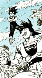 Rule 34 | 3boys, :d, bad id, bad pixiv id, black hair, blue sky, blue theme, boots, cape, crossed arms, day, dougi, dragon ball, dragonball z, facing away, flying, frown, full body, happy, looking down, looking up, lowres, male focus, monochrome, multiple boys, nitako, open mouth, outdoors, piccolo, rock, short hair, sky, smile, son goku, spiked hair, spot color, standing, upper body, vegeta, wristband