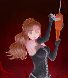 Rule 34 | 00s, 1girl, blood, breasts, brown eyes, brown hair, chainsaw, chicken on rice, coyote ragtime show, dress, elbow gloves, female focus, fingerless gloves, gloves, gradient background, grin, july (coyote ragtime show), long hair, one eye closed, ponytail, smile, solo, wink