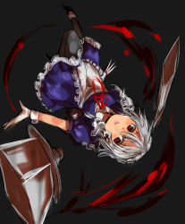 Rule 34 | 1girl, bad id, bad pixiv id, braid, female focus, izayoi sakuya, knife, red eyes, shirow (crazy), shirow (pixiv), short hair, silver hair, solo, embodiment of scarlet devil, throwing knife, touhou, twin braids, weapon