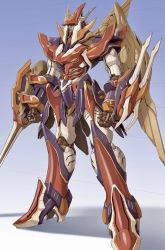 Rule 34 | arm blade, clenched hand, clenched hands, gradient background, highres, horns, looking ahead, maeda hiroyuki, mecha, no humans, raideen (mecha), raideen (series), redesign, robot, science fiction, shadow, solo, standing, super robot, weapon, yuusha raideen