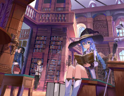 Rule 34 | 1boy, 2girls, absurdres, black hair, black pants, blonde hair, blue cloak, blue eyes, blue hair, book, bookshelf, braid, capelet, cloak, flat chest, hair between eyes, hat, highres, holding, holding book, indoors, jacket, ladder, library, looking at viewer, looking down, looking to the side, mage staff, multiple girls, mushoku tensei, nanahoshi shizuka, pants, reading, red skirt, roxy migurdia, rudeus greyrat, school uniform, shirt, sitting, skirt, suitcase, tiptoes, twin braids, user frzm4382, white capelet, white footwear, white jacket, white shirt, witch hat