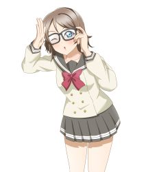 Rule 34 | 1girl, :o, ;o, absurdres, aqua eyes, artist name, artist request, bare legs, blue eyes, blush, bow, bowtie, breasts, brown hair, buttons, collarbone, collared shirt, female focus, glasses, grey hair, grey sailor collar, grey skirt, hair between eyes, highres, holding glasses, light brown hair, long sleeves, looking at viewer, love live!, love live! sunshine!!, medium breasts, miniskirt, one eye closed, parted lips, plaid, plaid skirt, pleated, pleated skirt, red bow, red bowtie, sailor collar, school uniform, shirt, short hair, skirt, smile, solo, uranohoshi school uniform, watanabe you, white background, white shirt, yellow buttons