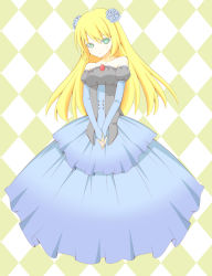 Rule 34 | 1girl, argyle, argyle background, argyle clothes, bad id, bad pixiv id, bare shoulders, beatmania, beatmania iidx, blind justice, blonde hair, blush, bridal gauntlets, dress, flower, gown, green eyes, hair flower, hair ornament, highres, kurumiabeshi, light smile, long hair, looking at viewer, matin catorce, smile, solo, v arms, zektbach