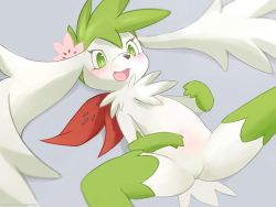 Rule 34 | 1girl, :3, ancesra, animal nose, blurry, blush, body fur, creatures (company), depth of field, female focus, flat chest, flower, furry, furry female, game freak, gen 4 pokemon, green eyes, green fur, green hair, grey background, hair flower, hair ornament, happy, head wings, highres, legendary pokemon, lying, matching hair/eyes, mythical pokemon, nintendo, no pussy, on back, open mouth, personification, pink flower, pokemon, pokemon (creature), shaymin, shaymin (sky), short hair, simple background, smile, snout, solo, spiked hair, spread legs, tail, two-tone fur, v-shaped eyebrows, white fur, white wings, wings