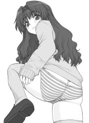 Rule 34 | 00s, 1girl, ass, blush, bottomless, butt crack, cameltoe, embarrassed, from behind, frown, greyscale, hair intakes, leg up, loafers, long hair, looking back, monochrome, morino ichigo, no pants, onegai teacher, onegai twins, panties, school uniform, serafuku, shichimenchou, shoes, simple background, solo, striped clothes, striped panties, sweater, thighhighs, thighs, underwear, wavy hair