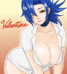 Rule 34 | 1girl, blue hair, breasts, brown background, character name, choker, cleavage, collarbone, gradient background, highres, large breasts, leaning forward, pharaoh13, ponytail, red eyes, scar, skullgirls, solo, tan background, valentine (skullgirls)
