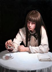 Rule 34 | 1girl, alcohol, black background, black ribbon, blouse, blunt bangs, brown eyes, brown hair, cup, drinking glass, frilled sleeves, frills, half-closed eyes, imai takahiro, long hair, long sleeves, looking away, original, realistic, ribbon, shirt, solo, table, traditional media, wine, wine glass