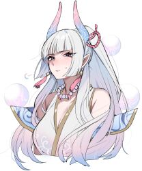 Rule 34 | 1girl, bare shoulders, blunt bangs, breasts, cleavage, grey hair, highres, horns, japanese clothes, jewelry, kimono, league of legends, long hair, medium breasts, miko, necklace, ponytail, purple eyes, shibori kasu (uuu u22), solo, syndra, white background, white hair