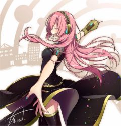 Rule 34 | 1girl, aqua nails, asagao minoru, belt, black shirt, black skirt, black thighhighs, blush, circle, cityscape, commentary, cowboy shot, double lariat (vocaloid), closed eyes, foreshortening, from side, gold trim, headphones, highres, light blush, megurine luka, nail polish, open mouth, outstretched arms, pink hair, shirt, signature, single sleeve, skirt, smile, solo, spinning, thighhighs, vocaloid, zettai ryouiki