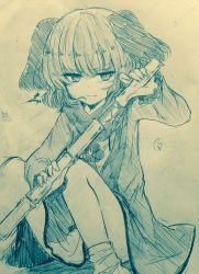 Rule 34 | 1girl, animal ears, closed mouth, commentary request, concealed weapon, dress, efukei, flower, highres, holding, holding sword, holding weapon, kasodani kyouko, leaf, long sleeves, looking at viewer, monochrome, one-hour drawing challenge, scabbard, scarf, sheath, short hair, sitting, smirk, socks, solo, sparkle, sword, touhou, traditional media, two-handed, unsheathing, weapon
