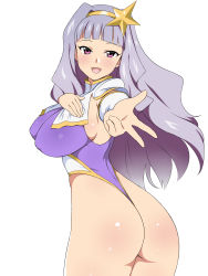Rule 34 | 1girl, ass, blunt bangs, blush, breasts, cosplay, gloves, gundam, gundam seed, gundam seed destiny, hair ornament, hairband, highleg, highleg leotard, highres, idolmaster, idolmaster (classic), kagemusha, large breasts, leotard, long hair, looking at viewer, meer campbell, meer campbell (cosplay), open mouth, purple eyes, shijou takane, shiny clothes, shiny skin, silver hair, simple background, smile, solo, thong leotard, v, white background