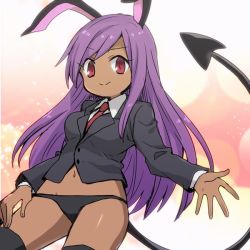 Rule 34 | 1girl, animal ears, black hisui (cookie), black jacket, black panties, black thighhighs, blazer, breasts, closed mouth, collared shirt, commentary request, cookie (touhou), cowboy shot, dark-skinned female, dark skin, demon tail, hisui (cookie), jacket, long hair, long sleeves, looking at viewer, medium breasts, nahori (hotbeans), necktie, no pants, panties, purple hair, rabbit ears, red eyes, red necktie, reisen udongein inaba, shirt, smile, solo, tail, thighhighs, touhou, underwear, white shirt