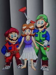 Rule 34 | 1girl, 2boys, blue eyes, boots, brothers, brown hair, dress, earrings, facial hair, flower earrings, full body, gloves, grin, hat, highres, jewelry, looking at viewer, luigi, mario, mario (series), multiple boys, mustache, nintendo, open mouth, overalls, plunger, princess daisy, siblings, smile, super mario bros. (1993 film), super mario bros. (film)