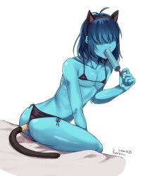 Rule 34 | 1boy, ahoge, anal, anal object insertion, anal tail, androgynous, animal ears, bed, bikini, blue hair, blue skin, cat ears, cat tail, colored skin, cum, cum in ass, dated, deltarune, dildo, fake tail, food, hair over eyes, headband, highres, kris (deltarune), long hair, object insertion, open mouth, popsicle, sex toy, shaded face, sitting, solo, string bikini, swimsuit, tail, tongue, tongue out, trap