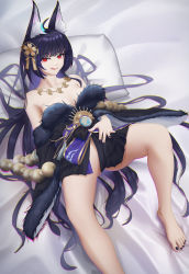 Rule 34 | 1girl, absurdres, animal ear fluff, animal ears, azur lane, bad id, bad pixiv id, bare legs, bare shoulders, barefoot, bed, black dress, black nails, breasts, closed mouth, collarbone, dress, feet, foot out of frame, fox ears, grin, hair ornament, hairclip, hand on own stomach, head on pillow, highres, japanese clothes, legs, licking lips, lips, long hair, looking at viewer, lying, medium breasts, moyus, musashi (azur lane), nail polish, no panties, on back, on bed, pillow, purple hair, red eyes, simple background, smile, solo, thighs, toenail polish, toenails, toes, tongue, tongue out