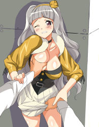 Rule 34 | 1girl, a1 (initial-g), absurdres, breasts, choker, cleavage, grabbing, grabbing another&#039;s breast, grey hair, groping, hairband, highres, holding another&#039;s wrist, idolmaster, idolmaster (classic), large breasts, long hair, molestation, one eye closed, project fairy, shijou takane, skirt, standing, wink