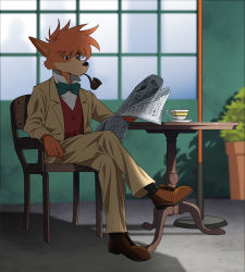 Rule 34 | bow, bowtie, brown footwear, chair, cup, formal, furry, indoors, crossed legs, meitantei holmes, mouth hold, newspaper, orange hair, smoking pipe, plant, potted plant, red vest, shadow, sherlock holmes (meitantei holmes), shoes, sitting, socks, suit, suzushiro (suzushiro333), table, teacup, vest, window