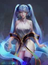 Rule 34 | 1girl, artist name, bad id, bad pixiv id, bare shoulders, black thighhighs, blue bow, blue eyes, blue hair, bow, breasts, covered erect nipples, dress, hagoromo, hair bow, halter dress, halterneck, highres, hip vent, large breasts, league of legends, lips, lohel, long hair, looking at viewer, no bra, no panties, nose, over-kneehighs, shawl, short dress, sideboob, solo, sona (league of legends), thighhighs, twintails, very long hair, white dress, zettai ryouiki