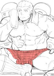 Rule 34 | 1boy, abs, bara, boxers, bulge, dolphin shorts, facial hair, facial scar, tamamura gunzo, harada (basashi), large pectorals, looking to the side, male focus, male underwear, mature male, muscular, muscular male, navel, nipples, pectorals, print male underwear, red male underwear, scar, scar on cheek, scar on face, short hair, shorts, sideburns, sitting, socks, solo, spiked hair, spirit, spot color, stomach, stubble, thick eyebrows, thighs, tokyo houkago summoners, underwear, underwear only, wiping face