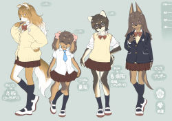 Rule 34 | 4girls, animal ears, blue background, blue neckwear, bow, bowtie, brown hair, brown skirt, cardigan, character name, dog ears, dog tail, closed eyes, female focus, full body, furry, furry female, grin, height difference, highres, kikurage (crayon arts), lineup, long hair, multiple girls, original, pink bow, pleated skirt, short hair, skirt, smile, standing, standing on one leg, tail