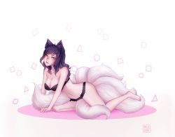 Rule 34 | 1girl, ahri (league of legends), animal ears, artist logo, artist name, black bra, black hair, black panties, blurry, blush, bra, breasts, cleavage, commentary, depth of field, facial mark, fox ears, fox girl, fox tail, from side, full body, highres, large breasts, league of legends, lips, long hair, looking at viewer, multiple tails, navel, nose blush, on one knee, panties, parted lips, petals, pink petals, pinup (style), shari cote, solo, stomach, tail, underwear, underwear only, whisker markings, white background, yellow eyes