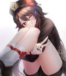 Rule 34 | 1girl, ;), bead bracelet, beads, black shorts, bracelet, brown hair, chinese clothes, commentary, flower, genshin impact, grin, hair flower, hair ornament, hair ribbon, hat, hat flower, head on knees, highres, hu tao (genshin impact), hugging own legs, jewelry, looking at viewer, mole, multiple rings, nail polish, neit ni sei, one eye closed, red eyes, revision, ribbon, ring, shorts, sidelocks, smile, socks, solo, star-shaped pupils, star (symbol), symbol-shaped pupils, tears, teeth, thighs, v, white background, white socks
