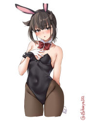 Rule 34 | 1girl, alternate costume, animal ears, bare shoulders, black leotard, black pantyhose, bow, bowtie, breasts, brown eyes, brown hair, chestnut mouth, cowboy shot, detached collar, ebifurya, fake animal ears, gloves, hair horns, hand on own chest, hatsuzuki (kancolle), highres, kantai collection, leotard, looking at viewer, pantyhose, playboy bunny, red bow, red bowtie, simple background, small breasts, solo, twitter username, white background, white gloves, wrist cuffs