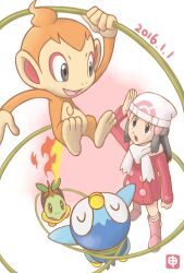 Rule 34 | 1girl, :o, arm up, beanie, boots, chimchar, coat, commentary request, creatures (company), dated, dawn (pokemon), eyelashes, fire, game freak, gen 4 pokemon, hair ornament, hairclip, hat, highres, long hair, long sleeves, looking up, nengajou, new year, nintendo, pink coat, pink footwear, piplup, plant, pokemon, pokemon (creature), pokemon dppt, pokemon platinum, sawa (soranosawa), scarf, sidelocks, standing, starter pokemon trio, turtwig, vines, white headwear, white scarf