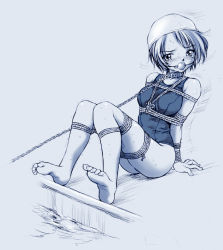 Rule 34 | 1girl, arms behind back, ball gag, barefoot, bdsm, blue theme, bondage, bound, bound arms, chain, collar, feet, gag, gagged, monochrome, one-piece swimsuit, peril, pizza man, pool, poolside, predicament bondage, rope, school swimsuit, short hair, solo, source request, struggling, sweat, swim cap, swimsuit, tears, trembling