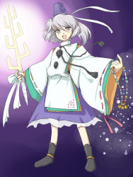 Rule 34 | 1girl, beads, bell, female focus, flx, grey eyes, grey hair, hat, japanese clothes, jingle bell, magatama, mononobe no futo, open mouth, ponytail, prayer beads, seven-branched sword, skirt, solo, sword, tate eboshi, touhou, weapon