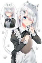Rule 34 | 1girl, ;), ?, absurdres, alternate costume, animal ear fluff, animal ears, apron, black dress, black jacket, black ribbon, blazer, blue eyes, blush, braid, breasts, cat ears, cat girl, cat tail, center frills, closed mouth, collared shirt, cropped torso, dress, dress shirt, enmaided, finger to mouth, frilled apron, frills, hair ornament, hair over eyes, hair over one eye, hairclip, hand up, highres, holding, holding tray, jacket, juliet sleeves, long sleeves, maid, neck ribbon, neku (neku draw), one eye closed, open jacket, open clothes, open jacket, original, puffy sleeves, ribbon, school uniform, shirt, shushing, silver hair, simple background, small breasts, smile, speech bubble, sweater vest, tail, tray, white apron, white background, white shirt