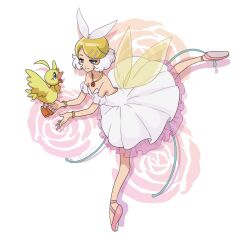 Rule 34 | 2girls, ahiru (princess tutu), ahoge, arabesque (pose), arched back, ballerina, ballet, ballet slippers, bare back, bare shoulders, bird, blue eyes, bow, bracelet, commentary, cosplay, crossover, dancing, dress, duck, en pointe, english commentary, eye contact, fairy wings, fake wings, feathers, flat chest, floral background, footwear ribbon, frilled dress, frills, hair bow, hair ornament, hairclip, half-closed eyes, jewelry, kagamine rin, light smile, long eyelashes, looking at another, metgalactic, multiple girls, necklace, off-shoulder dress, off shoulder, pink footwear, princess tutu, princess tutu (character), princess tutu (character) (cosplay), rose background, see-through, skinny, smile, swept bangs, transparent wings, tutu, vocaloid, white bow, white dress, wings, yellow feathers