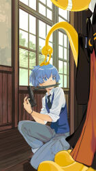 Rule 34 | 2boys, ansatsu kyoushitsu, black necktie, blue eyes, blue hair, blue vest, bracelet, collared shirt, colored skin, crescent print, cyotsy, dagger, day, grey pants, grin, gun, handgun, headpat, highres, holding, holding gun, holding weapon, indoors, jewelry, knife, koro-sensei, kunugigaoka middle school uniform, looking at another, looking back, monster boy, mouth hold, multiple boys, necktie, on one knee, out of frame, pants, pocket, ponytail, robe, school uniform, shiota nagisa, shirt, shoes, sleeves rolled up, smile, solo focus, standing, tentacles, vest, weapon, weapon in mouth, white shirt, window, wooden floor, yellow skin