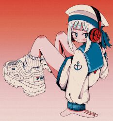 Rule 34 | 1girl, anchor print, arm support, bandaid, bandaid on cheek, bandaid on face, blue ribbon, blue sailor collar, blush, closed mouth, fila, from behind, full body, gradient background, hat, hat ribbon, headphones, highres, holding, knees up, long sleeves, looking at viewer, looking back, nao97122, original, red background, ribbon, sailor collar, sailor hat, sailor shirt, shirt, shoes, short hair, sidelocks, sitting, smile, sneakers, socks, solo, white footwear, white hair, white hat, white shirt, white socks