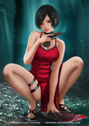 Rule 34 | 1girl, ada wong, aqua background, bad id, bad pixiv id, bare shoulders, black choker, black hair, bob cut, breasts, brown eyes, choker, cleavage, dress, eyes visible through hair, floral print, gun, hair over one eye, holding, holding gun, holding weapon, large breasts, lips, looking at viewer, nefrubi, patreon username, pelvic curtain, red dress, resident evil, resident evil 4, short hair, smoke, smoking barrel, solo, squatting, thigh strap, water, watermark, weapon, web address