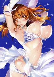 Rule 34 | 1girl, absurdres, armpits, arms up, ass, bikini, blush, bouncing breasts, breasts, breasts out, brown eyes, brown hair, butt crack, clueless, earrings, frilled bikini, frills, hat, highres, huge filesize, jewelry, kikurage (plastic people), large breasts, long hair, looking at viewer, nipples, open mouth, perky breasts, puffy nipples, sarong, see-through, shiny skin, side-tie bikini bottom, skindentation, smile, solo, sun hat, swimsuit, wardrobe malfunction, wet, wet clothes, white bikini