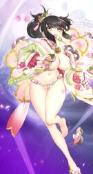Rule 34 | 1girl, bell, black hair, breasts, food in mouth, game screenshot, highres, izumi (queen&#039;s blade), large breasts, navel, neck bell, non-web source, official art, queen&#039;s blade, queen&#039;s blade limit break, queen&#039;s blade rebellion, revealing clothes, sandals, thighs, yellow eyes