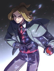 Rule 34 | 1boy, black vest, blonde hair, closed mouth, collared shirt, commentary request, creatures (company), game freak, gloves, green jacket, hassel (pokemon), highres, holding, holding poke ball, jacket, long sleeves, male focus, necktie, nintendo, open clothes, open jacket, orange eyes, pants, poke ball, poke ball (basic), pokemon, pokemon sv, purple pants, ramu (touko0zero), red necktie, shirt, solo, vest, white shirt