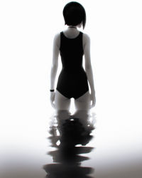 Rule 34 | 1girl, arms at sides, ass, choker, commentary, facing away, from behind, greyscale, highres, ilya kuvshinov, monochrome, one-piece swimsuit, original, reflection, short hair, solo, standing, swimsuit, wading, water, white background, wristband