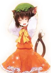 Rule 34 | 1girl, :d, ^ ^, animal ears, bow, brown hair, cat ears, cat tail, chen, closed eyes, crote, frilled skirt, frills, hat, multiple tails, nekomata, open mouth, shirt, short hair, skirt, smile, tail, touhou, two tails, vest