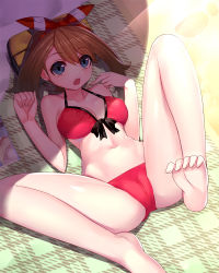 Rule 34 | 10s, 1girl, :o, bad id, bad pixiv id, barefoot, beach, beach towel, bikini, blue eyes, breasts, breasts apart, brown hair, cameltoe, creatures (company), crotch, dutch angle, feet, foot focus, front-tie bikini top, front-tie top, full body, game freak, hair ribbon, hairband, large breasts, leg up, looking at viewer, lying, may (pokemon), may (pokemon oras), navel, nintendo, on back, open mouth, outdoors, pokemon, pokemon oras, red bikini, ribbon, ririko (zhuoyandesailaer), shade, short hair, soles, solo, spread legs, swimsuit, toe scrunch, toes, towel, wide hips