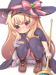Rule 34 | 1girl, bandaid, bandaid on clothes, bandaid on knee, bandaid on leg, black thighhighs, blonde hair, bloomers, boots, bow, cape, hairband, hat, hat bow, knees to chest, kupuru (hirumamiyuu), little witch nobeta, long hair, nobeta, red eyes, simple background, solo, squatting, staff, tears, thighhighs, thighs, underwear, very long hair, white background, witch, witch hat