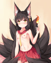 Rule 34 | 1girl, absurdres, animal ear fluff, animal ears, azur lane, black hair, blush, breasts, brown background, brown eyes, closed mouth, fire, flower, fox ears, hair flower, hair ornament, hand up, highres, kitsune, kyuubi, long hair, multiple tails, nagato-chan, nagato (azur lane), navel, necktie, nipples, nose blush, pink flower, pleated skirt, red sailor collar, red skirt, sailor collar, skirt, small breasts, solo, tail, topless, v-shaped eyebrows, very long hair, yellow eyes, yellow necktie