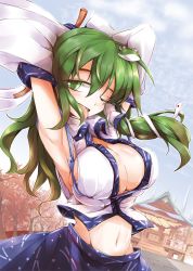Rule 34 | 1girl, ;p, armpits, arms up, blue sky, breast lift, breasts, breasts squeezed together, center opening, cleavage, cloud, collared shirt, day, detached sleeves, female focus, frog hair ornament, fumitsuki (minaduki 6), gohei, green eyes, green hair, hair ornament, kochiya sanae, large breasts, long sleeves, matching hair/eyes, midriff, navel, one eye closed, oonusa, open mouth, parody, rei no himo, rope, shimenawa, shiny skin, shirt, shrine, skindentation, skirt, skirt set, sky, smile, snake, snake hair ornament, solo, tongue, tongue out, touhou, wide sleeves
