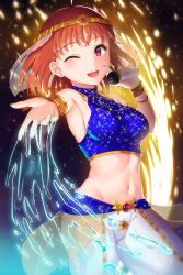 Rule 34 | 1girl, ;d, ahoge, arabian clothes, armlet, armpits, bare shoulders, black background, blue shirt, blush, bracelet, breasts, circlet, commentary, cowboy shot, crop top, earrings, firework background, gem, gold trim, groin, h-appa, harem outfit, highres, holding, holding microphone, jewelry, kokoro magic a to z, looking at viewer, love live!, love live! sunshine!!, medium breasts, microphone, midriff, music, navel, one eye closed, open mouth, orange hair, pants, red eyes, red gemstone, see-through, shirt, short hair, singing, sleeveless, sleeveless shirt, smile, solo, standing, takami chika, veil, water, water drop, white pants