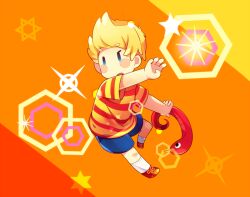 Rule 34 | 0mzum1, 1boy, arm up, blonde hair, blue eyes, blue shorts, blush, commentary request, glint, hexagon, hexagram, lucas (mother 3), male focus, mother (game), mother 3, multicolored background, nintendo, open mouth, orange background, quiff, red background, red footwear, red shirt, rope snake, shirt, shoes, short hair, short sleeves, shorts, simple background, snake, socks, solo, star (symbol), striped clothes, striped shirt, t-shirt, two-tone shirt, white socks, yellow background, yellow shirt