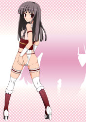 Rule 34 | 1girl, alternate costume, ass, ass grab, bare shoulders, black hair, blush, boots, breasts, female focus, from behind, ganmo, grabbing own ass, high heel boots, high heels, highres, hime cut, houraisan kaguya, long hair, looking at viewer, looking back, red eyes, shadow, smile, solo, thighhighs, touhou, very long hair, wrestling outfit
