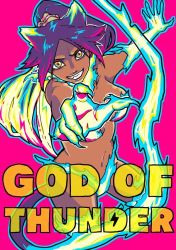Rule 34 | 1girl, animal ears, bleach, breasts, cat girl, cat tail, clenched teeth, colorful, dark skin, dark-skinned female, doodle, electricity, energy, female focus, glowing, high ponytail, lightning, lineart, midriff, multicolored hair, navel, nekomata, outstretched arm, pointing, pointing at viewer, purple hair, reaching, revealing clothes, shade, shihouin yoruichi, smile, solo, spot color, tail, teeth, yellow eyes